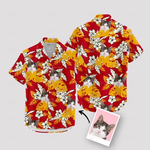 Custom Cat Face Hawaiian Shirt with Tropical Leaves and Photo Printing