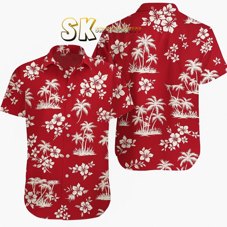Red Hawaiian Shirt Custom Photo Print with White Florals and Palm Trees