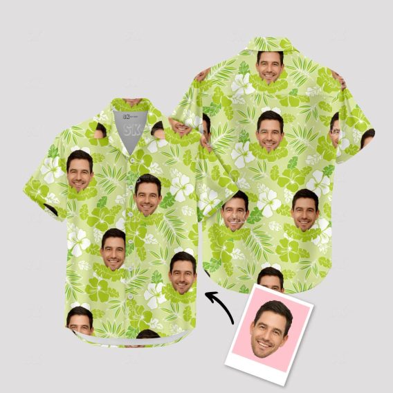 Men’s Cotton Hawaiian Shirt – Custom Green Tropical Face Shirt
