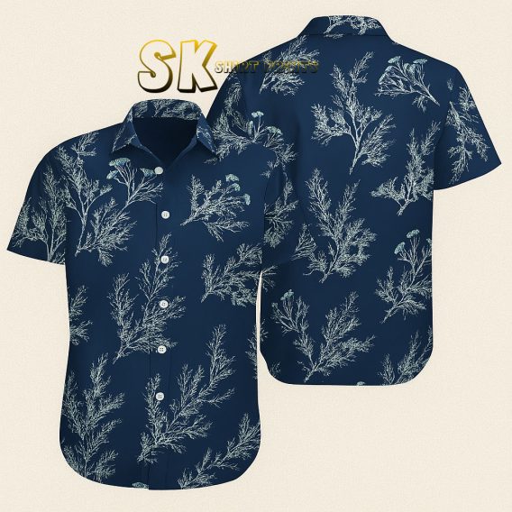 Navy Blue Hawaiian Shirt Custom Photo Coral Tropical Print Design