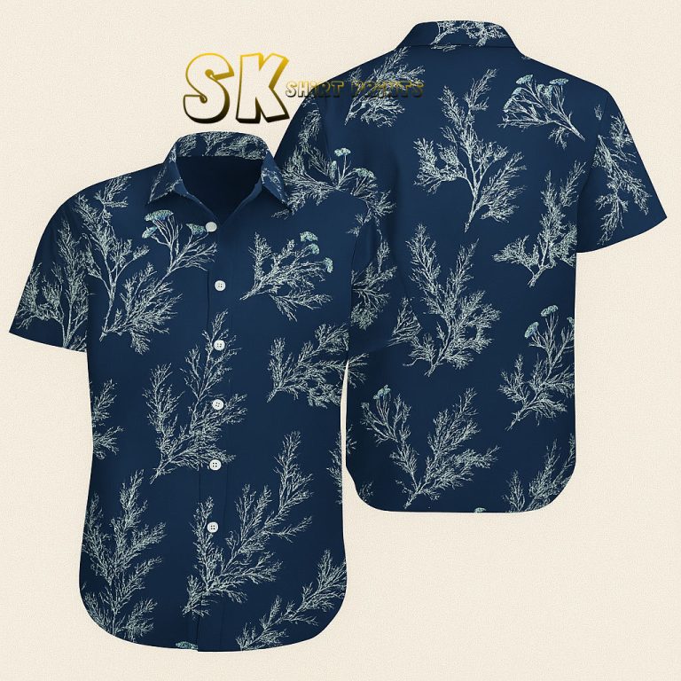 Navy Blue Hawaiian Shirt Custom Photo Coral Tropical Print Design