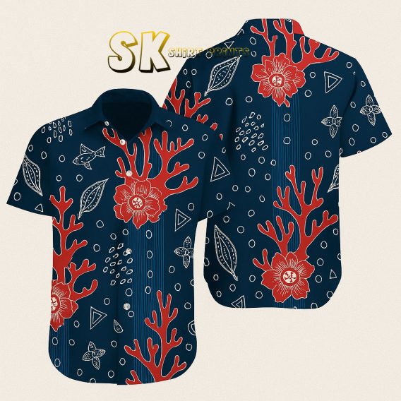 Navy Blue Hawaiian Shirt Custom Photo Print Red Tropical Flowers Design