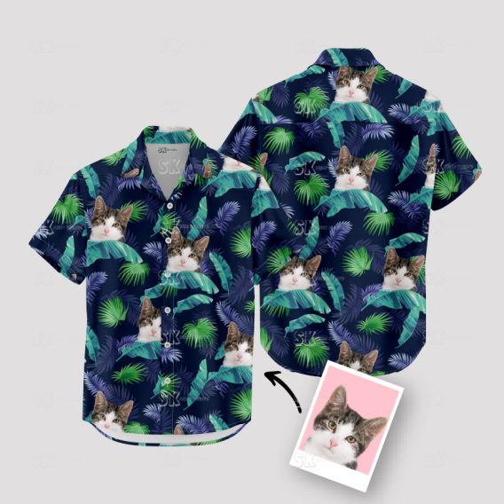 Custom Cat Hawaiian Shirt with Your Pet's Face on Tropical Jungle Leaves