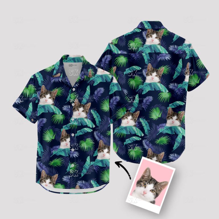 Custom Cat Hawaiian Shirt with Your Pet’s Face on Tropical Jungle Leaves