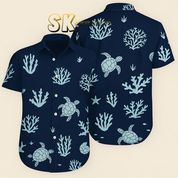 Navy Blue Hawaiian Shirt Sea Turtles Coral Custom Photo Ocean Beach Style