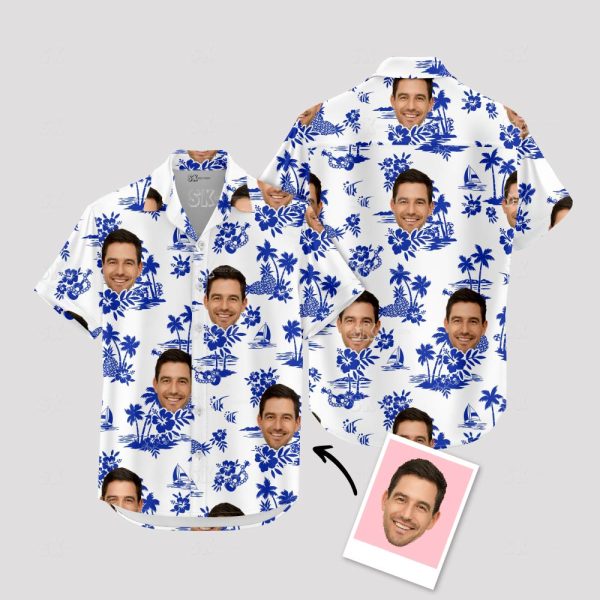 Vintage Silk Hawaiian Shirt – Men’s White Hawaiian Shirt with Custom Face Print
