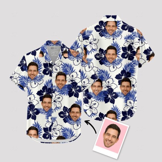 White Men’s Hawaiian Shirt – Blue Floral Custom Face Aloha Shirt