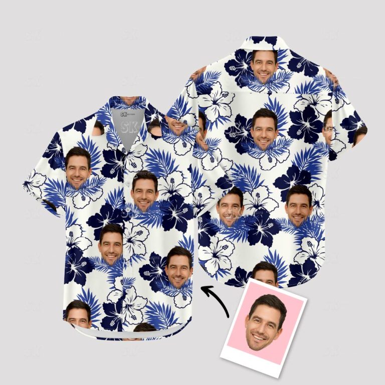Custom Face Hawaiian Shirt – Blue Floral Design on White Background
