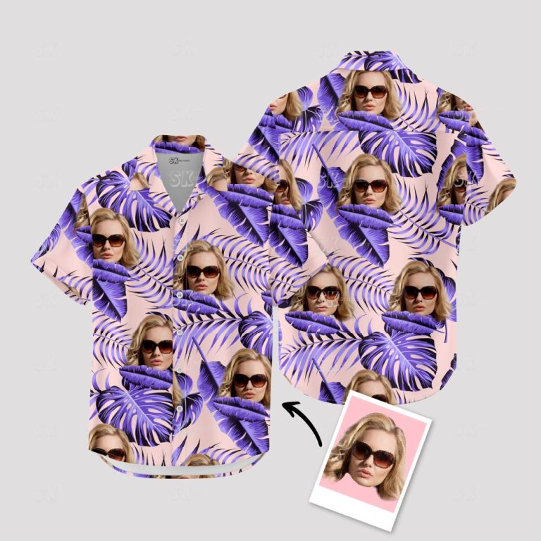Custom Face Hawaiian Shirt – Purple Floral Pattern for Women’s Beach Style