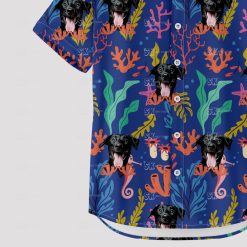 blue mens hawaiian shirt with cartoon dog face pattern