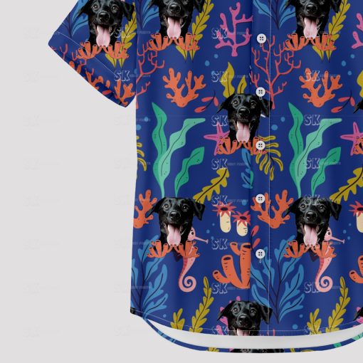 blue mens hawaiian shirt with cartoon dog face pattern