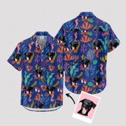 blue mens hawaiian shirt with cartoon dog face pattern