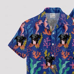 blue mens hawaiian shirt with cartoon dog face pattern