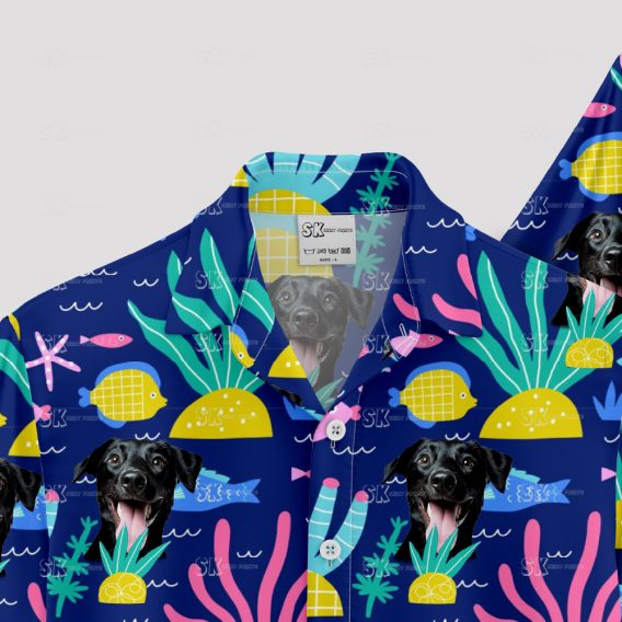 Blue Hawaiian shirt with Spongebob and dog face tropical print