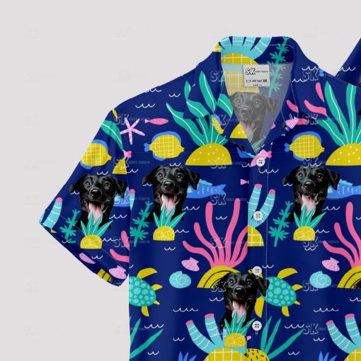 Blue Hawaiian shirt with Spongebob and dog face tropical print