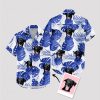 Blue and white Hawaiian shirt featuring adorable dog face design