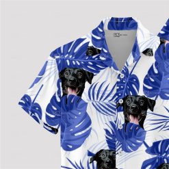 Blue and white Hawaiian shirt featuring adorable dog face design