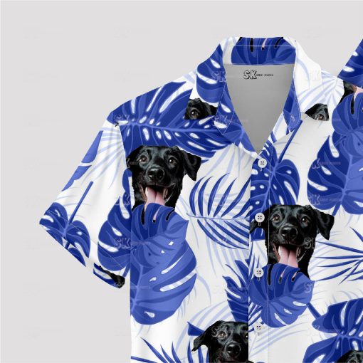 Blue and white Hawaiian shirt featuring adorable dog face design