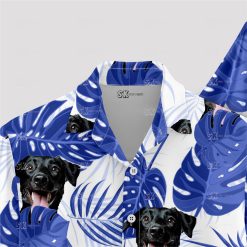 Blue and white Hawaiian shirt featuring adorable dog face design