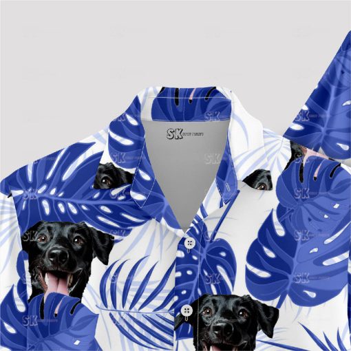 Blue and white Hawaiian shirt featuring adorable dog face design