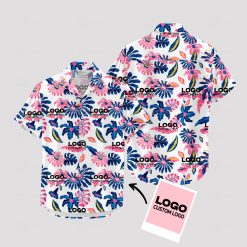 Custom Hawaiian shirt featuring company logo in vibrant tropical design