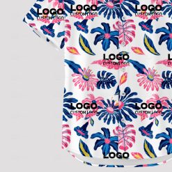 Custom Hawaiian shirt featuring company logo in vibrant tropical design