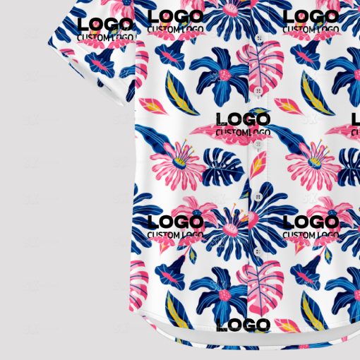 Custom Hawaiian shirt featuring company logo in vibrant tropical design