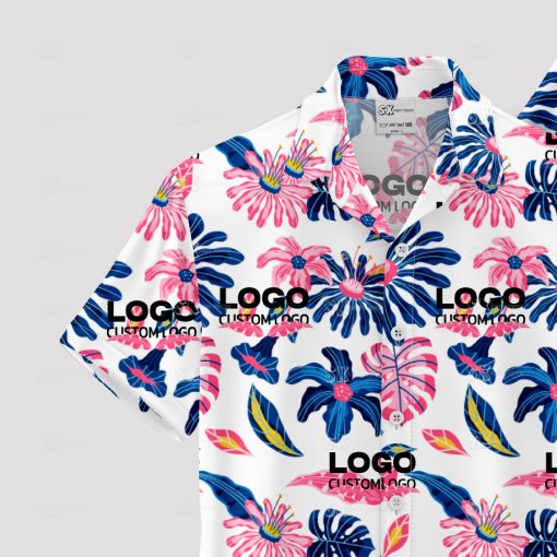 Custom Hawaiian shirt featuring company logo in vibrant tropical design