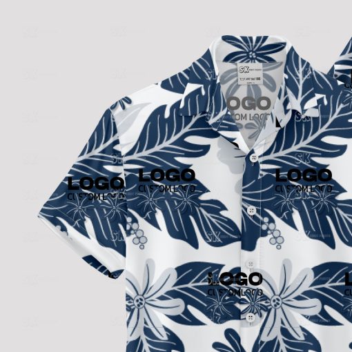Custom Hawaiian shirts featuring your company logo in tropical style