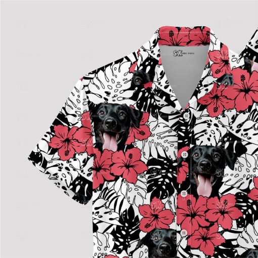 Red Hawaiian shirt with yellow flowers and dog face design