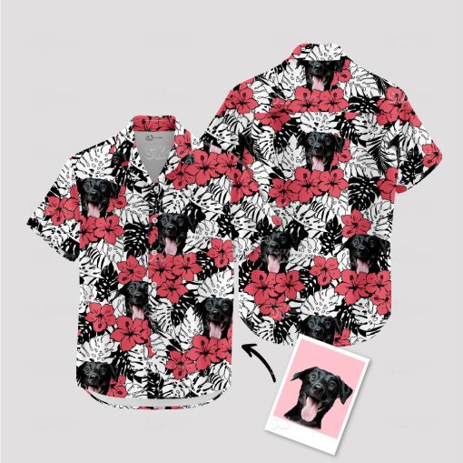 Red Hawaiian shirt with yellow flowers and dog face design