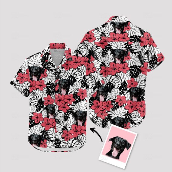 Red Hawaiian shirt with yellow flowers and dog face design