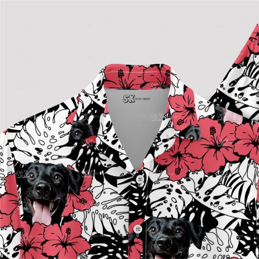 Red Hawaiian shirt with yellow flowers and dog face design