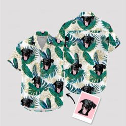 Green and white Hawaiian shirt featuring a cute dog picture design