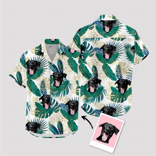 Green and white Hawaiian shirt featuring a cute dog picture design