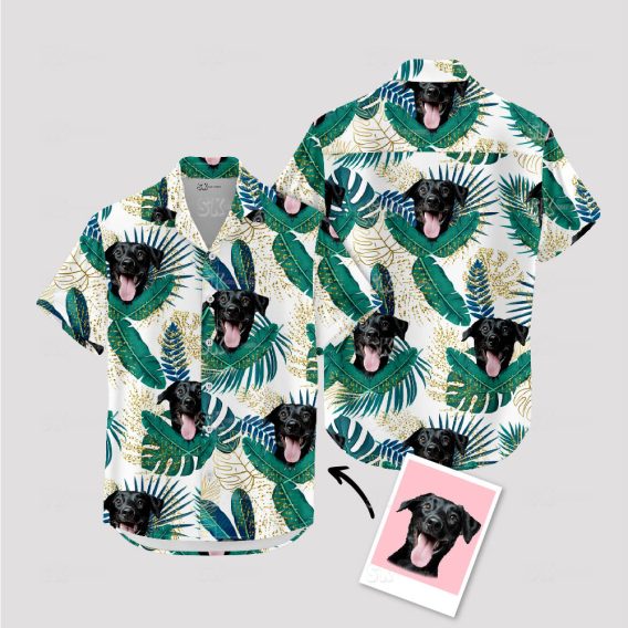 Green and white Hawaiian shirt featuring a cute dog picture design
