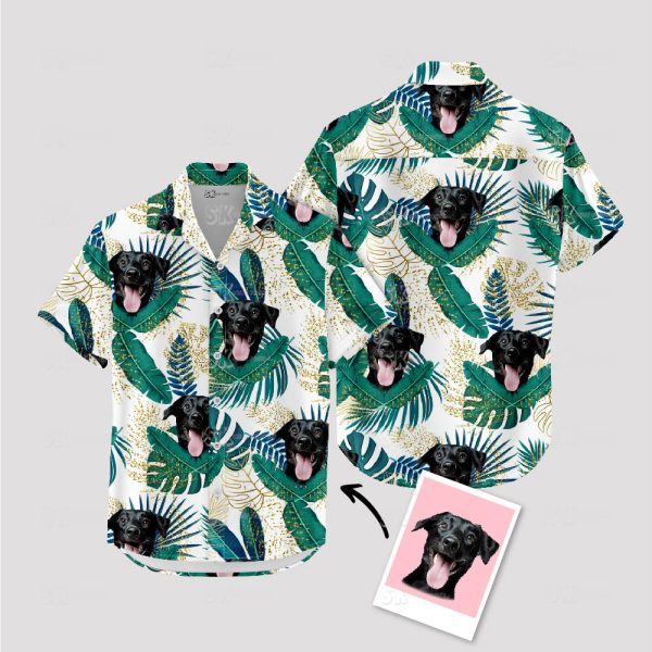 Green and White Hawaiian Shirt with Dog Picture – Fun Summer Beachwear