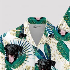 Green and white Hawaiian shirt featuring a cute dog picture design