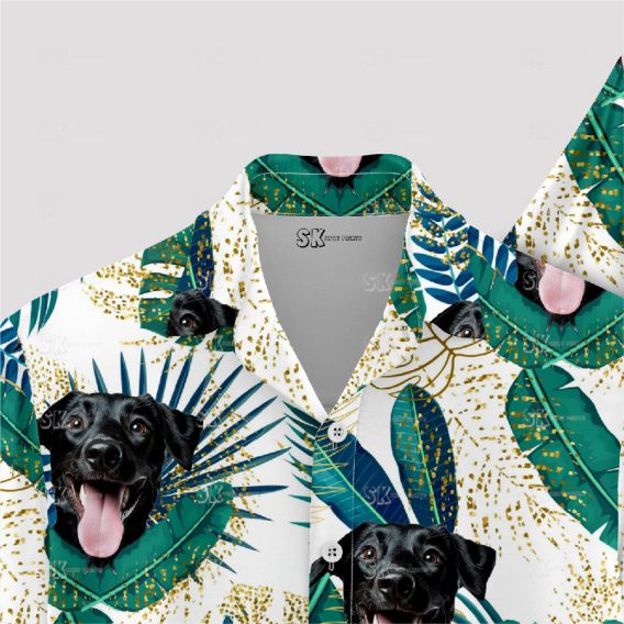 Green and white Hawaiian shirt featuring a cute dog picture design