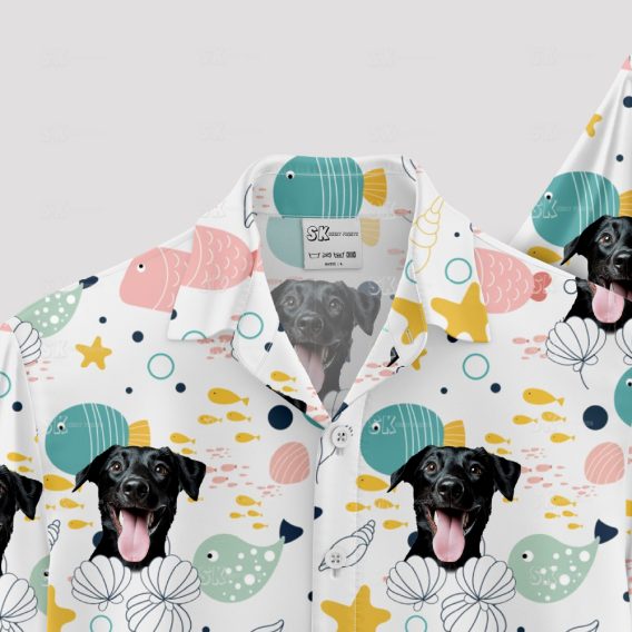 White Hawaiian Spongebob shirt with dog face and tropical print