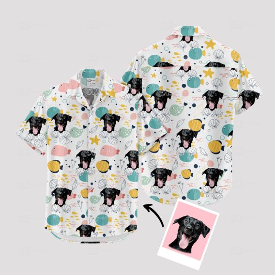 White Hawaiian Spongebob shirt with dog face and tropical print
