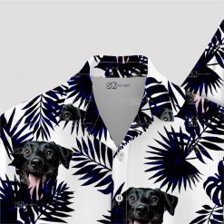 mens black hawaiian shirt featuring dog face print design