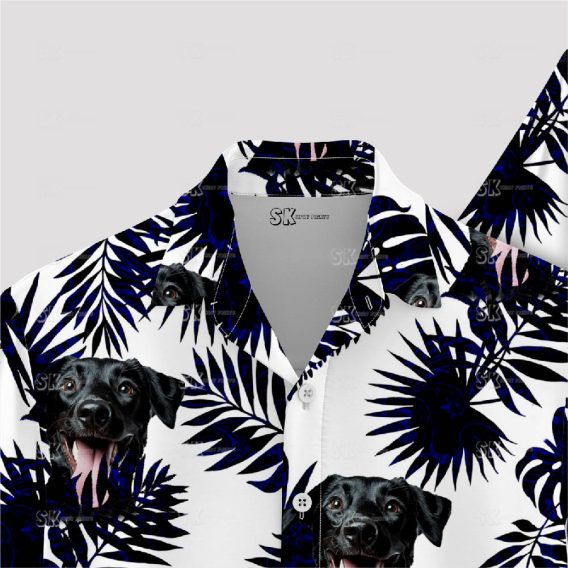 mens black hawaiian shirt featuring dog face print design