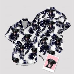 mens black hawaiian shirt featuring dog face print design