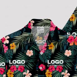 Black mens Hawaiian shirt with custom company logo design