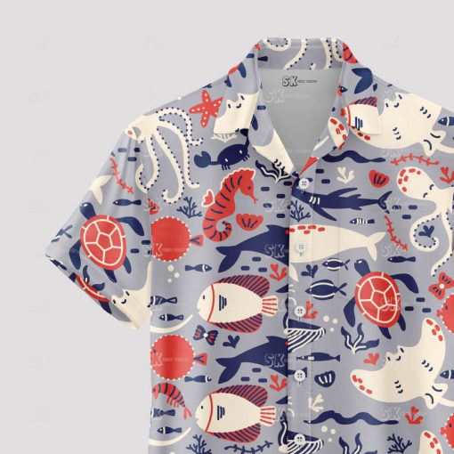 Men’s ocean Hawaiian shirt with sea animals for summer