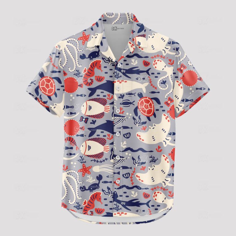 Ocean Hawaiian Shirt Men’s Custom Photo Design with Sea Animals Pattern