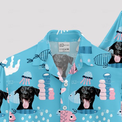 Blue Hawaiian shirt with Spongebob and dog face tropical design