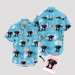 Blue Hawaiian shirt with Spongebob and dog face tropical design