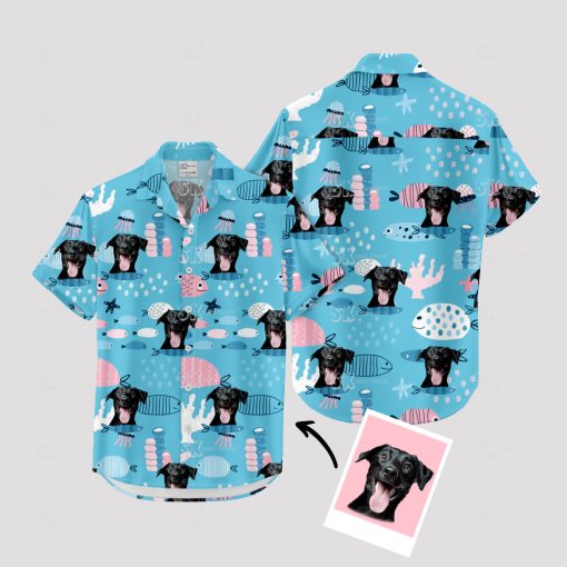 Blue Hawaiian shirt with Spongebob and dog face tropical design